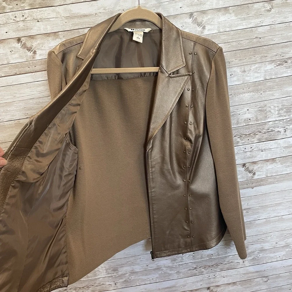 Vintage Peter Nygard Womens L Jacket Bronze Studded Leather & Knit‎ Back Sleeves